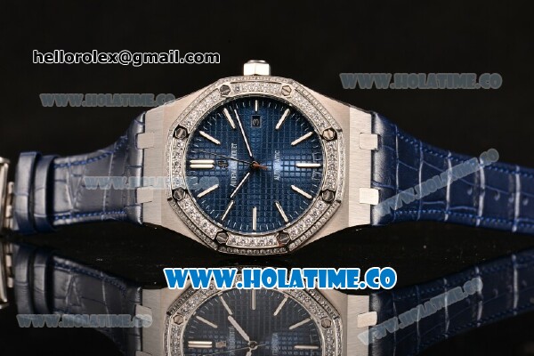 Audemars Piguet Royal Oak 41MM Asia Automatic Steel Case with Blue Grids Dial Diamonds Bezel and Stick Markers - Click Image to Close